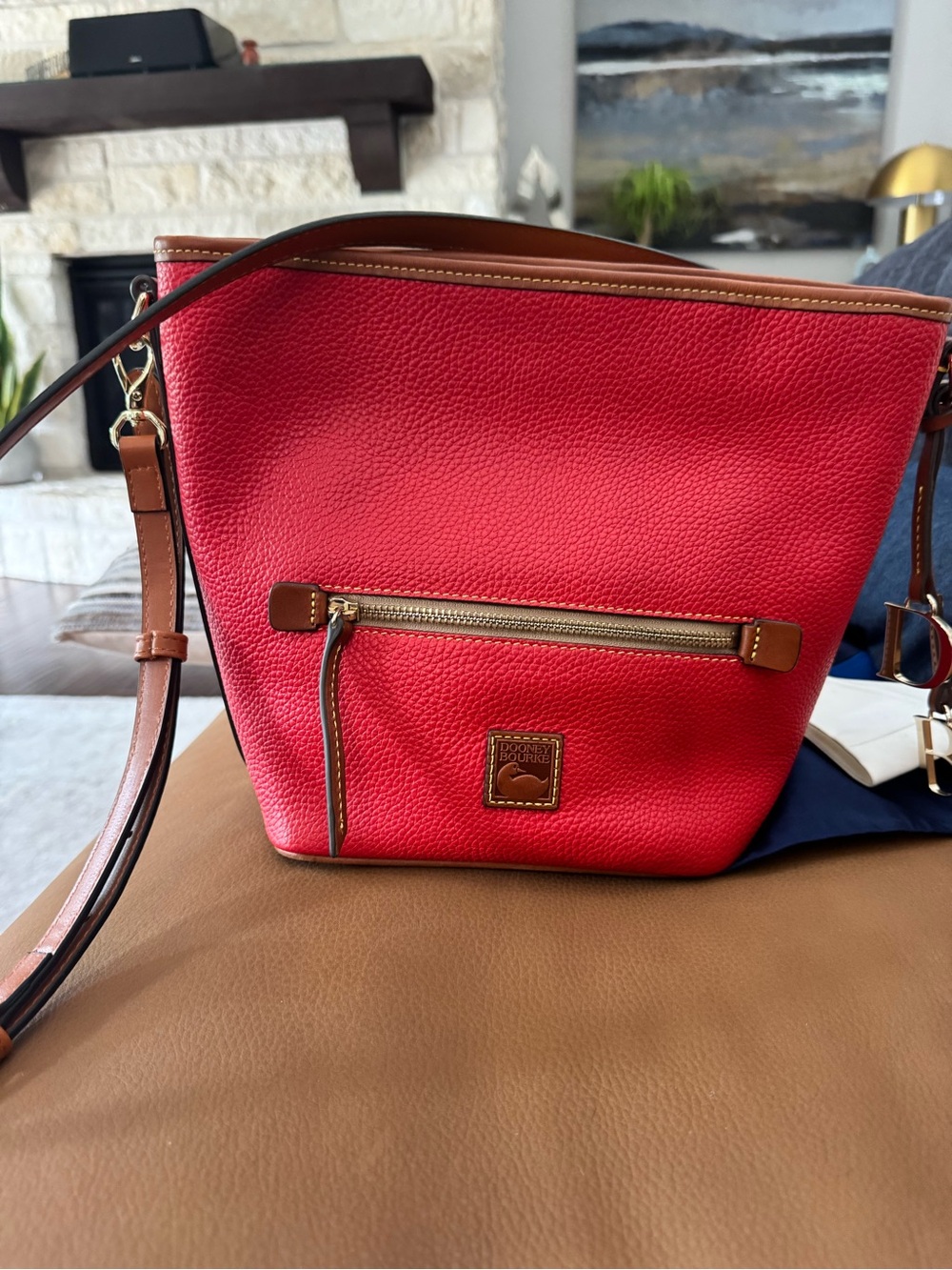 Dooney & Bourke Red Pebbled Leather Crossbody with Tan Trim
